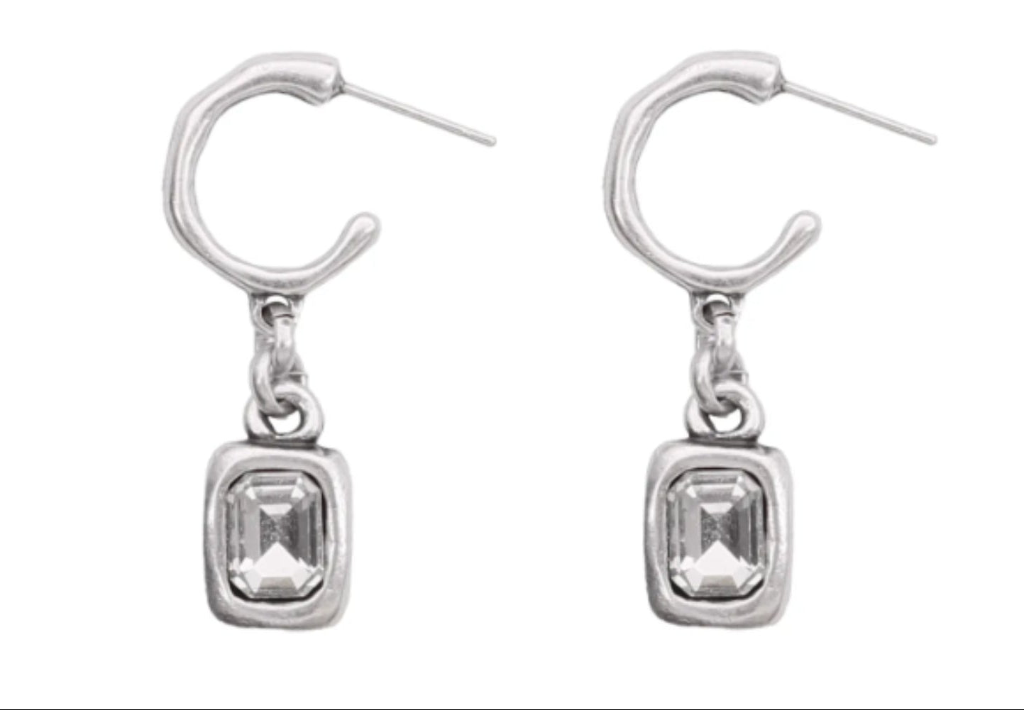 Crystal Pewter Hoop Earrings with Clear Crystal Dangle - Handmade