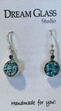 Round Dichroic Glass Sterling Silver Dangle Earrings - Aqua