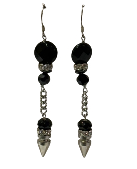 Black Beads with Silver Chain & Metal Point Dangle Earrings | Preowned