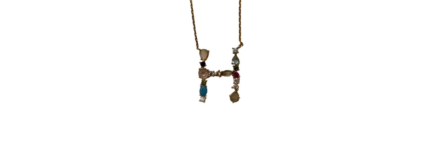 Initial H Necklace with Semi Precious Stones Gold Tone | Preowned