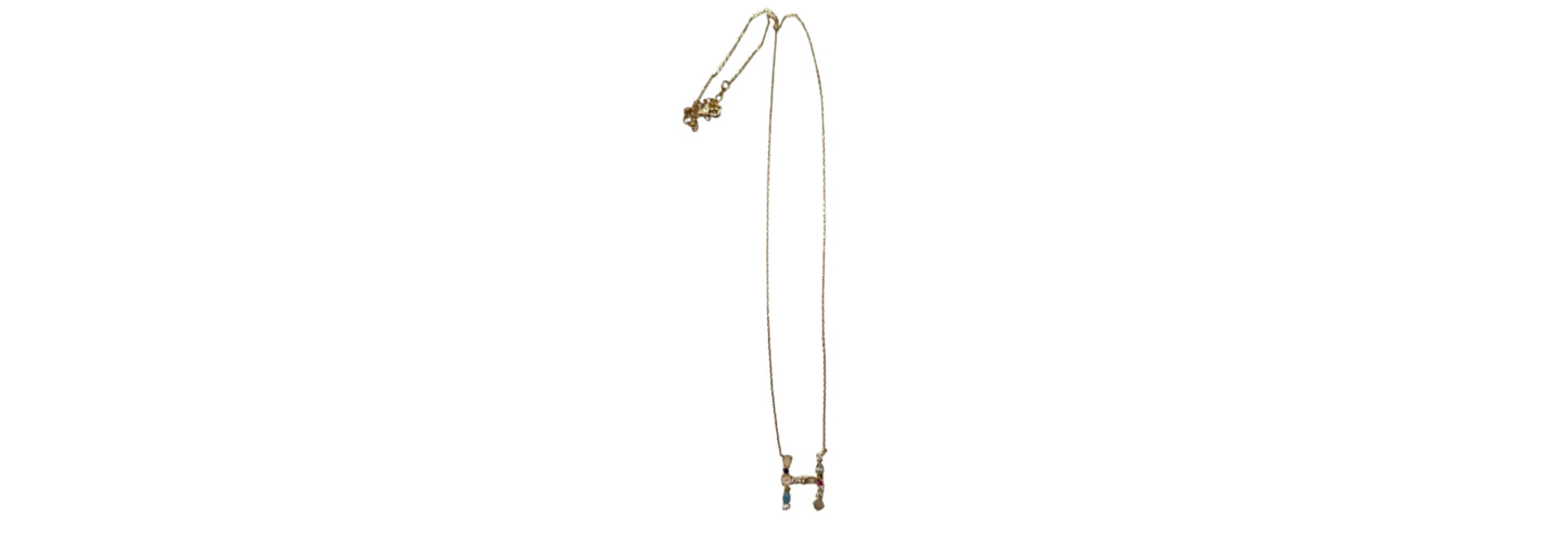 Initial H Necklace with Semi Precious Stones Gold Tone | Preowned