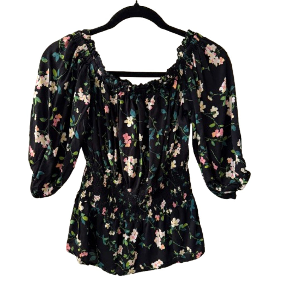 Savanna Jane Blouse Black with Pink and Green Floral Print- Small | Preowned