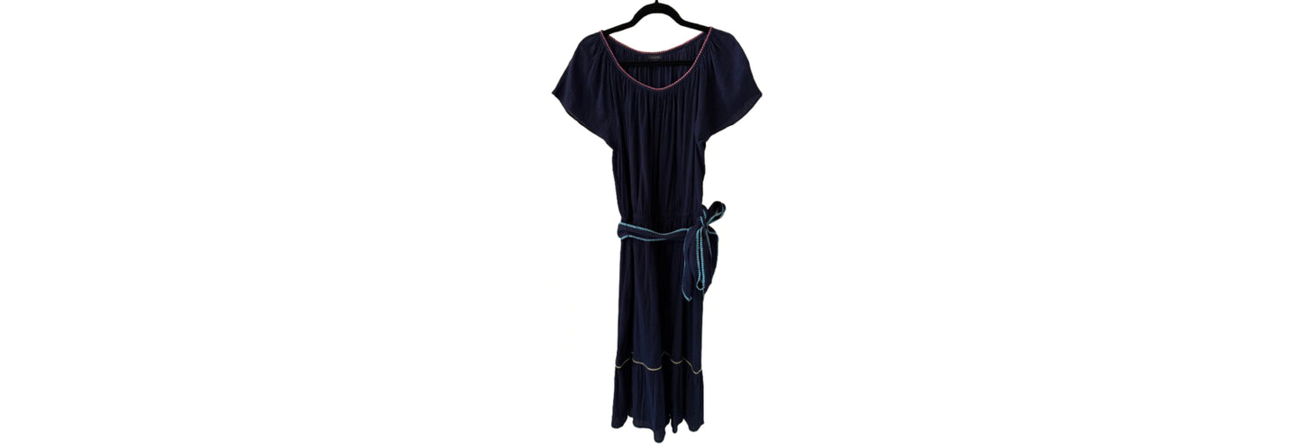 Talbots Crinkled Gauze Midi Dress Navy Blue with Belt - LG | Preowned