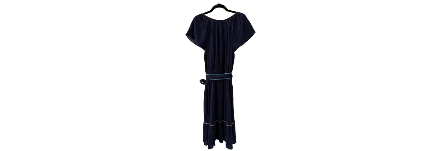 Talbots Crinkled Gauze Midi Dress Navy Blue with Belt - LG | Preowned