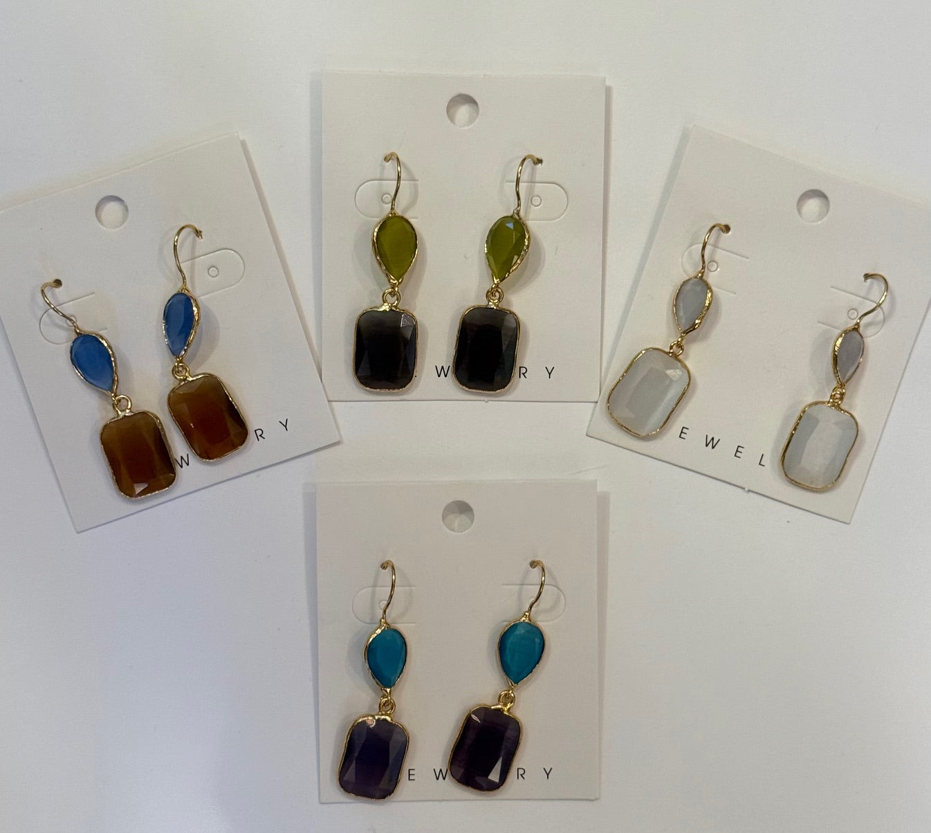 Gold Earrings Double Drop Teardrop & Rectangle Asst
