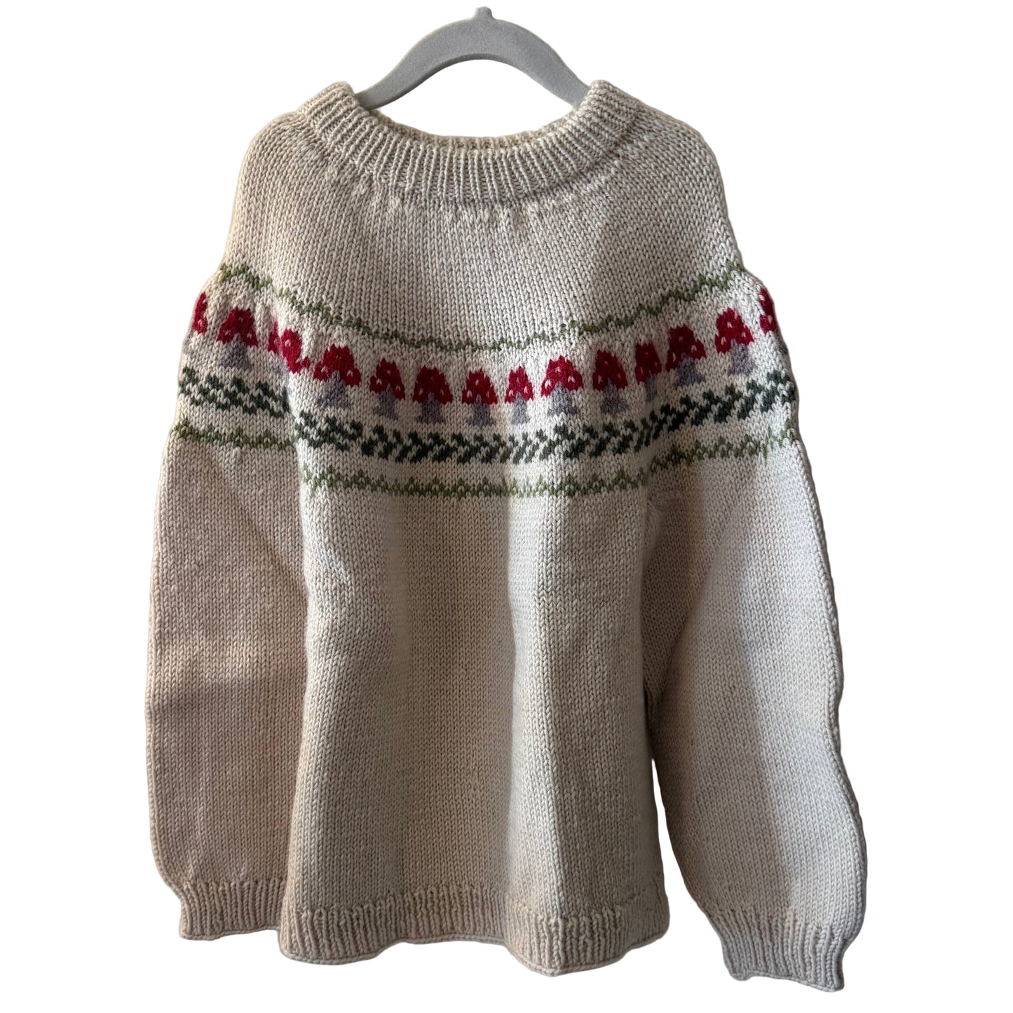 Hand Knit Tan Sweater with Red and Green Mushroom Pattern -Kids SZ 8 - 10 | New