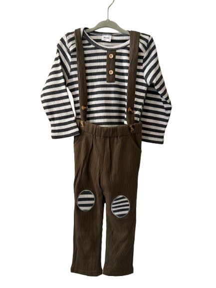 Onsie Three Piece Set Overall and Hat Olive Striped 18 - 24 MO. | Preowned