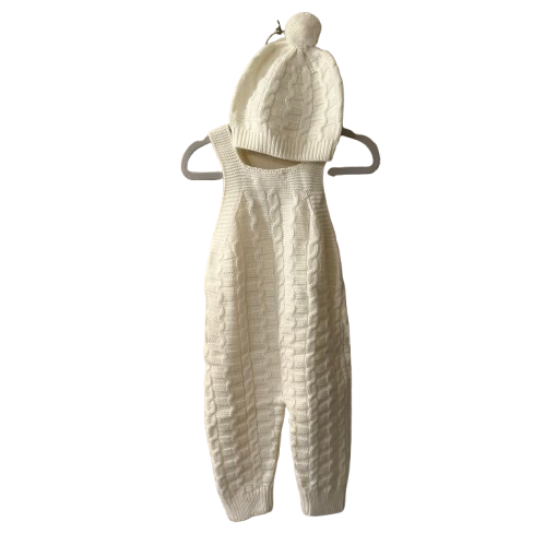 Hand Knit Ivory Overall with Matching Hat - Toddler | New