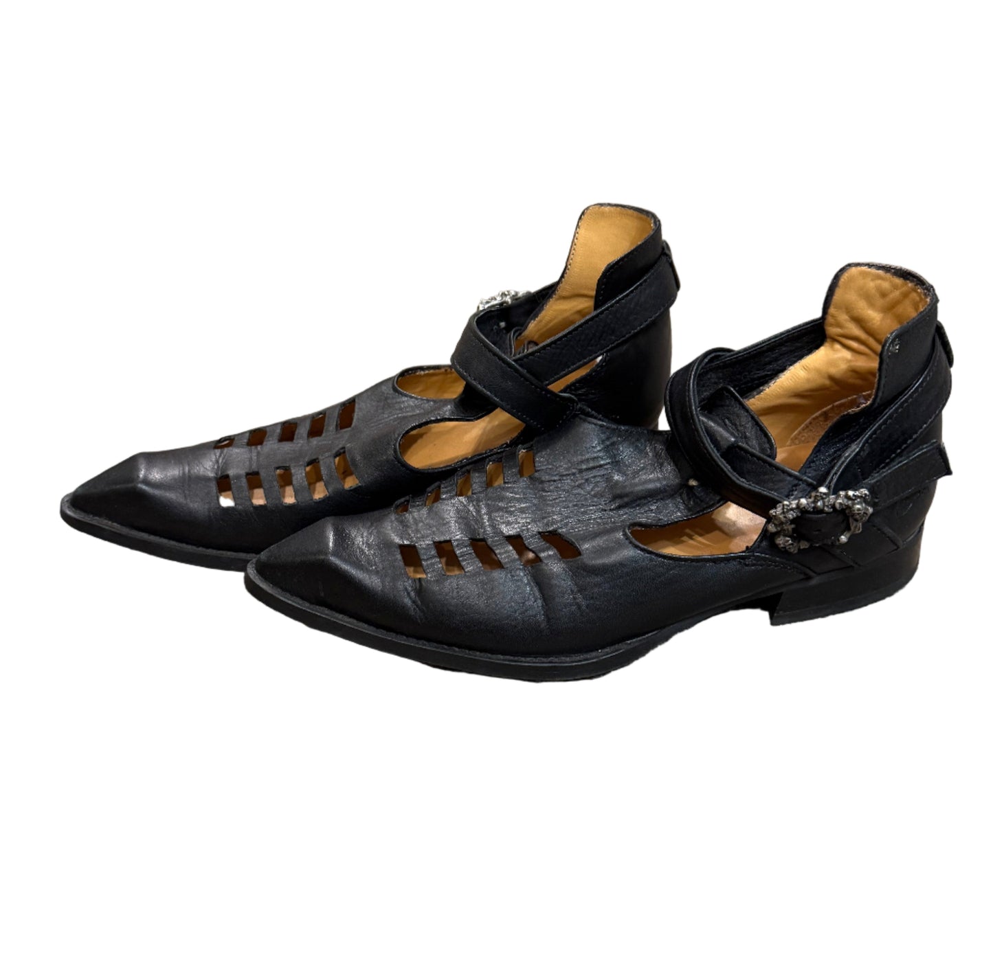 John Fluevog Sinead Black Leather Shoes: Swordfish Toe & Skull Buckle Sz 9 | Preowned
