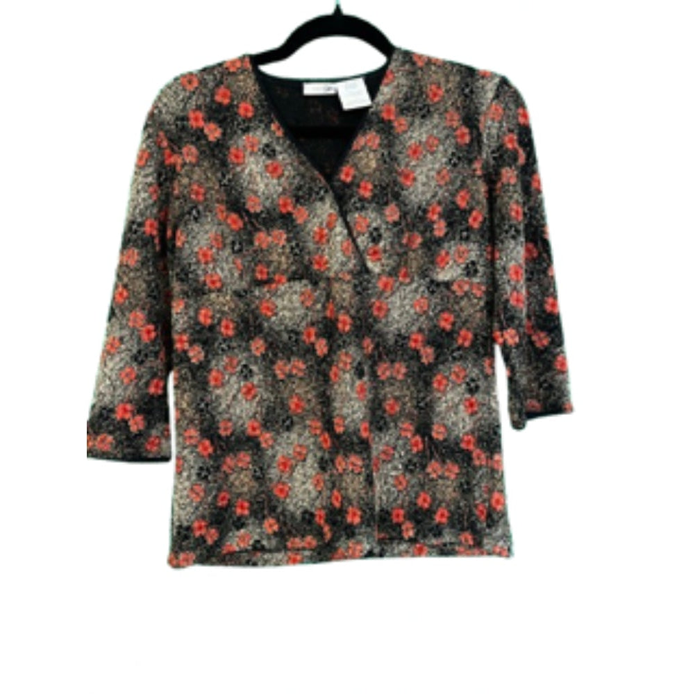 East 5th Stretch Black/Orange/Gold Pullover Blouse - Petite Medium