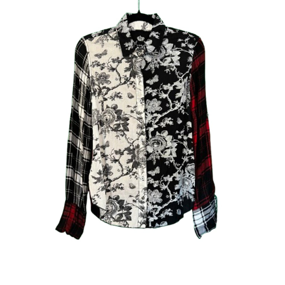 Cino Floral Blouse with Plaid Sleeves - Small