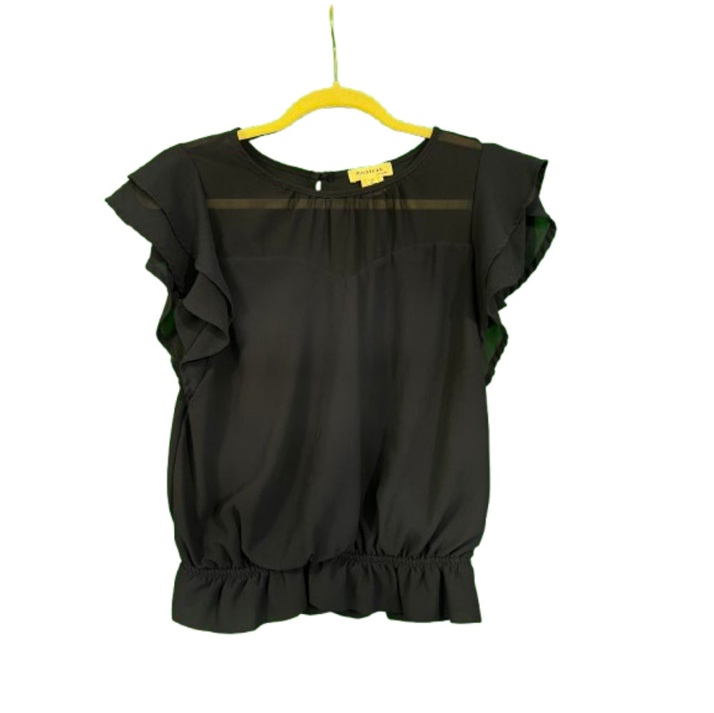 Monteau Navy Blue Short Sleeved Blouse with Scalloped Detailing - Medium