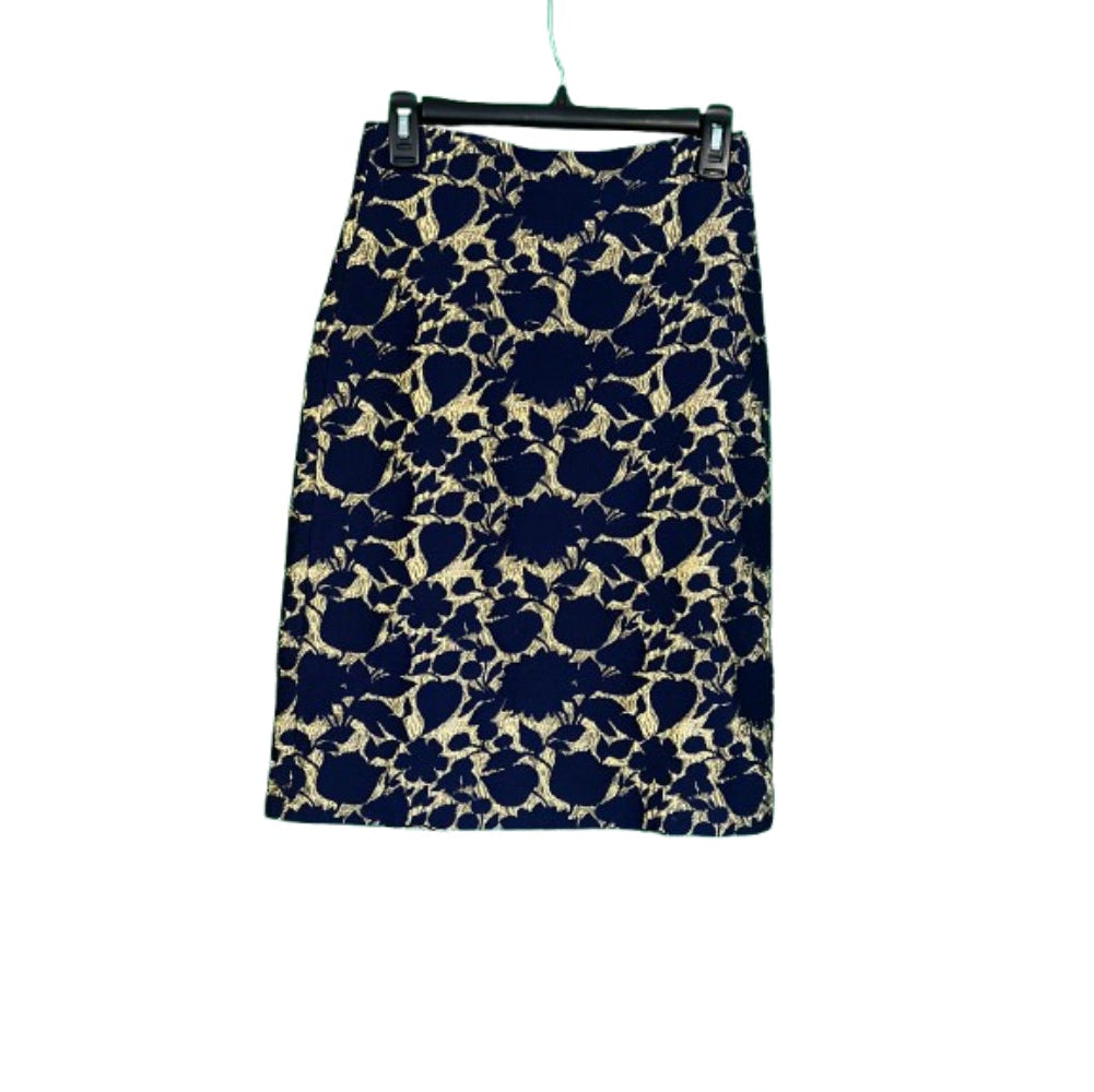 J Crew Blue Gold Floral Print Pencil Skirt - X Small