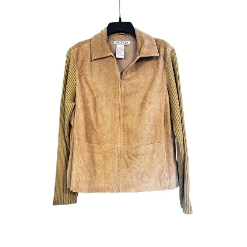 Ami Suede Leather Knit Sweater Jacket Tan Sixe XL | Preowned