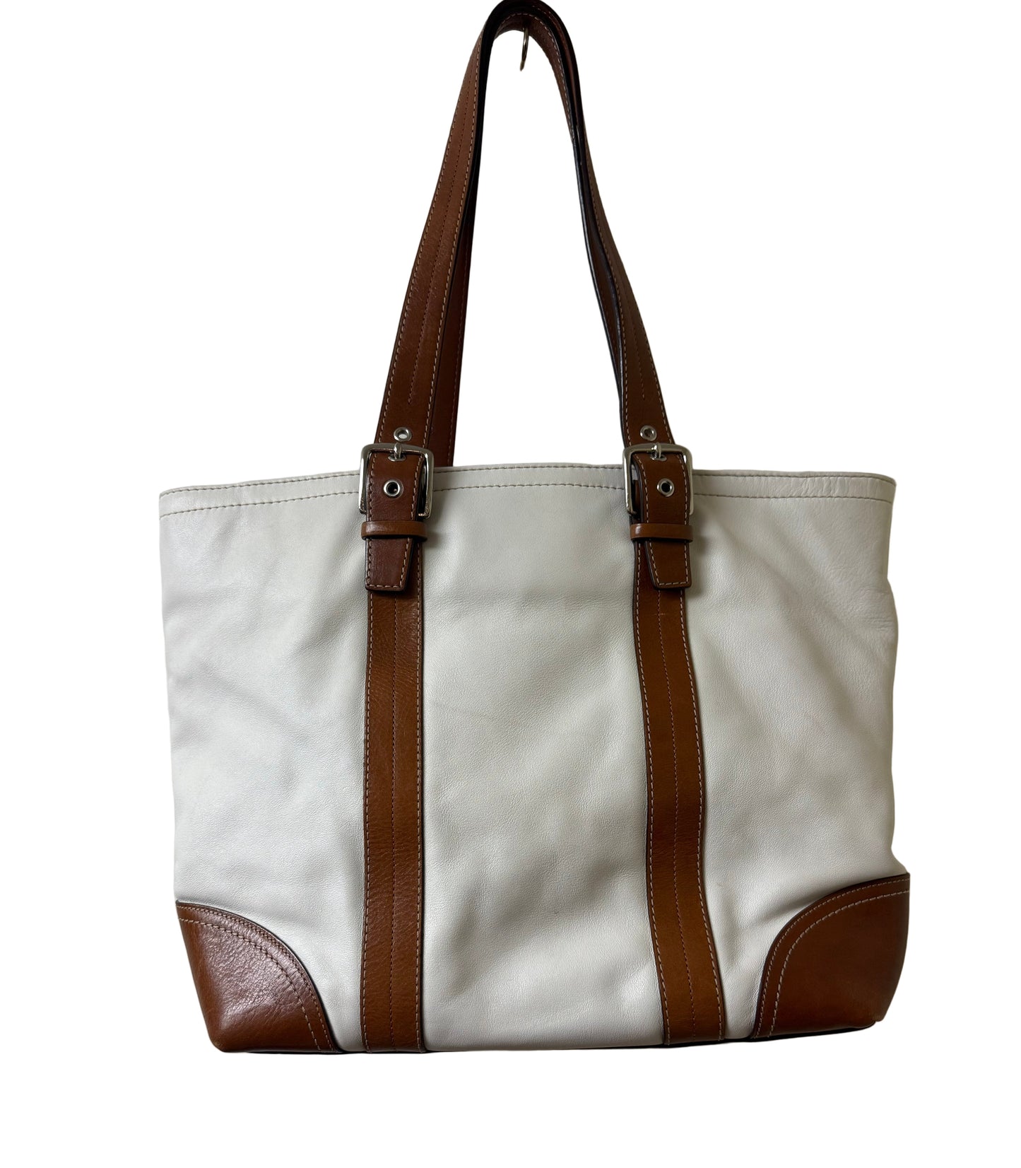 Vintage Coach Hampton Two-tone Ivory & Brown Leather Tote | Preowned