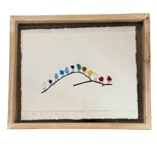 Colorful Sea Glass Shadow Box with Birds on Branch | Preowned
