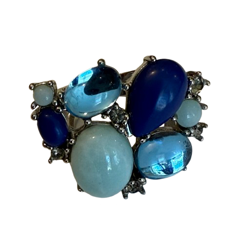 Silver Tone Multi Blue Stone Fashion Ring SZ 8 | Preowned