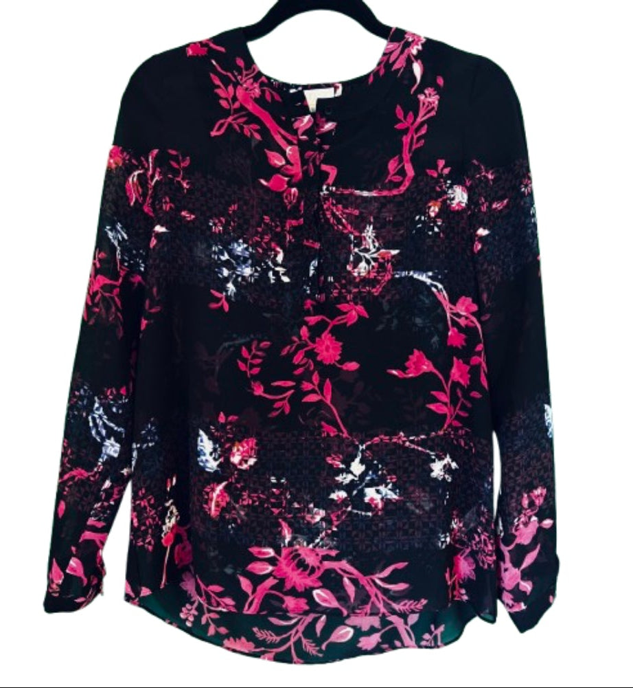 1 State Blouse Black with Pink Flowers - Small
