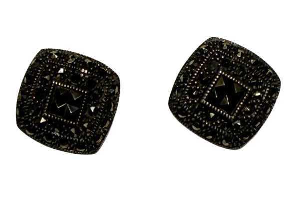 Square Black and Gold Marcasite Stud Earrings | Preowned