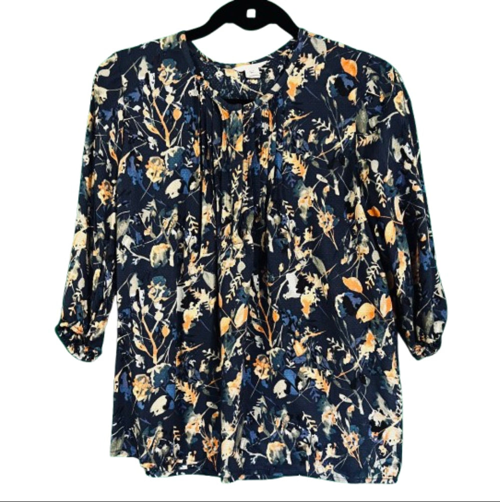 D-a-s-l-o-n Blouse Round Neck Blue Orange Green Leaf Design SZ Small | Preowned