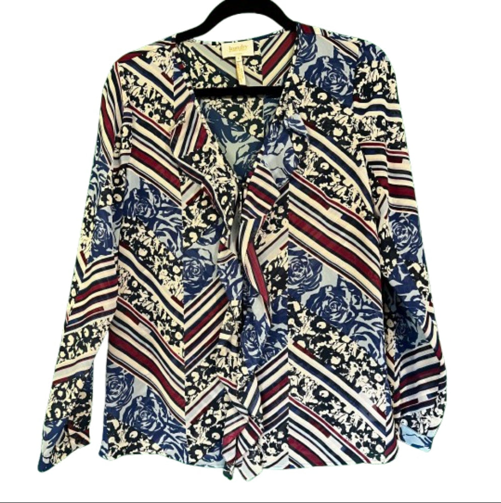 Laundry Blouse V Neck Ruffle Blue Maroon and White - size 6