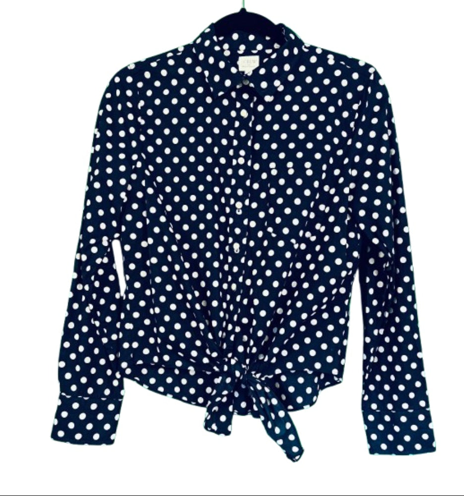 J Crew Blouse Blue with White Polka Dots - Small