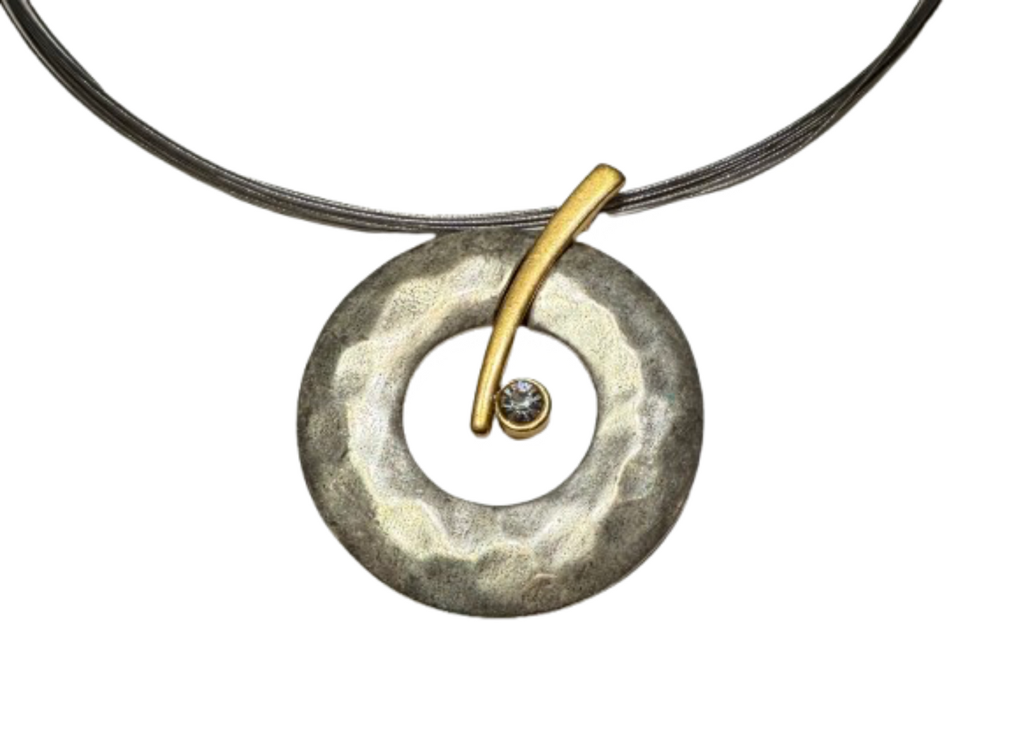 Chico's Silver and Gold Tone Hammered Pendant with Crystal on Wire Cord | Preowned