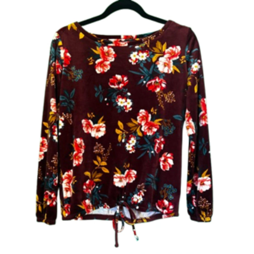 The Loft Velour Floral Top Wine - XS |Preowned