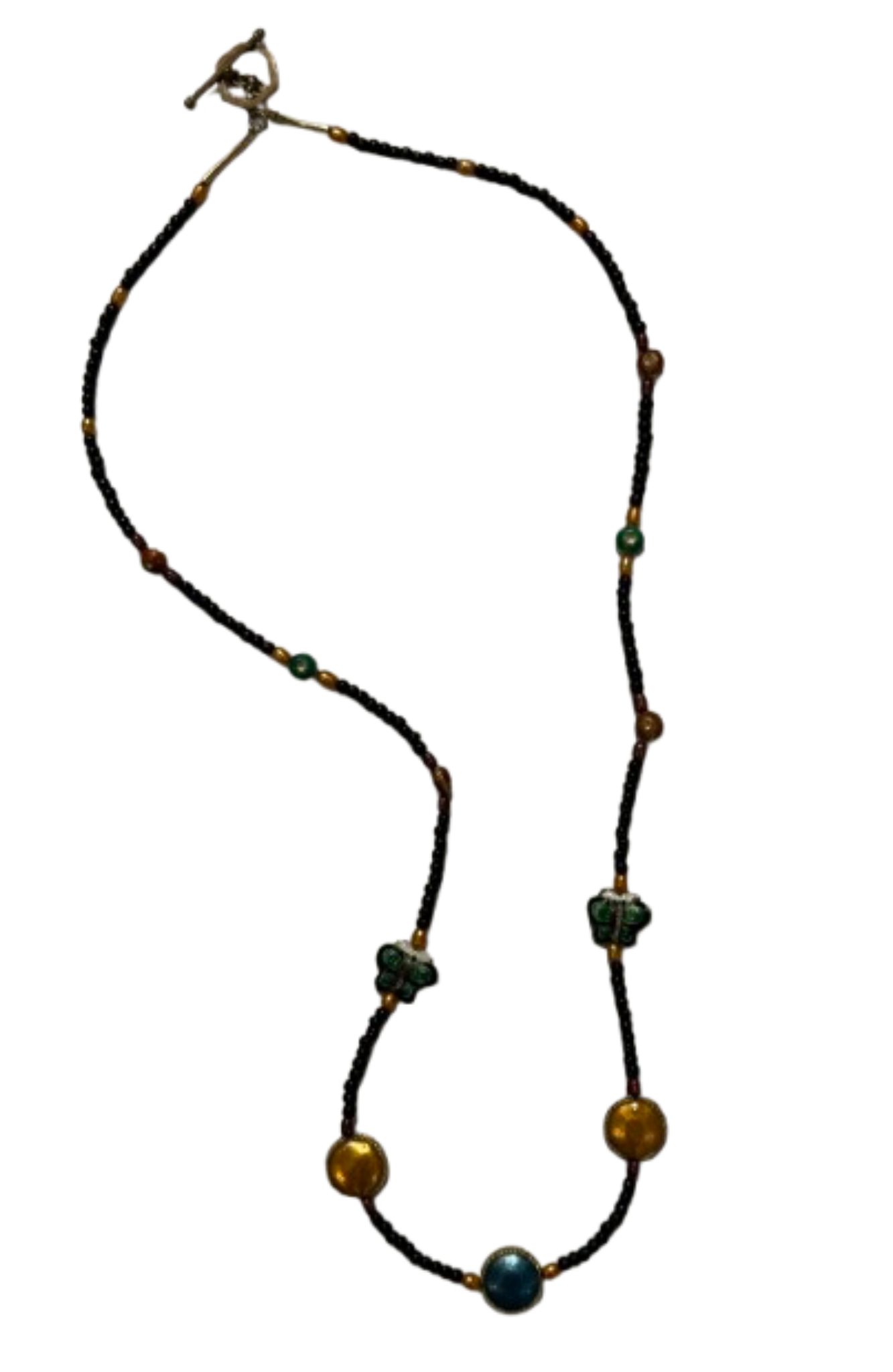 Black Beaded Necklace with Multi Color Beads and Butterflies | Preowned