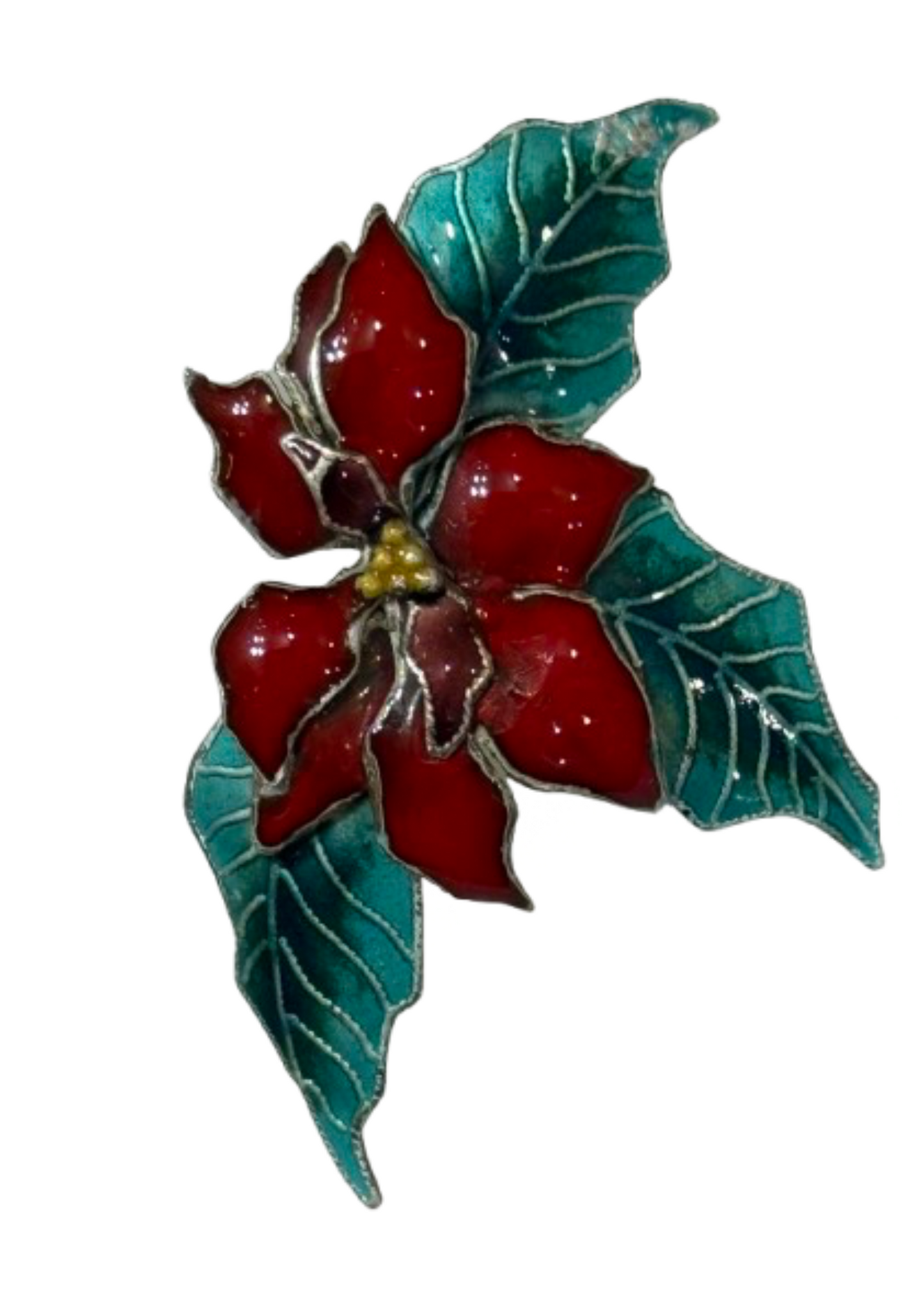 Enamel Small Poinsettia and Leaf Holiday Pin | Preowned