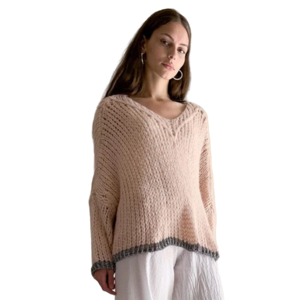 Lula Chunky Knit V-Neck Sweater in Blush Pink - One Size