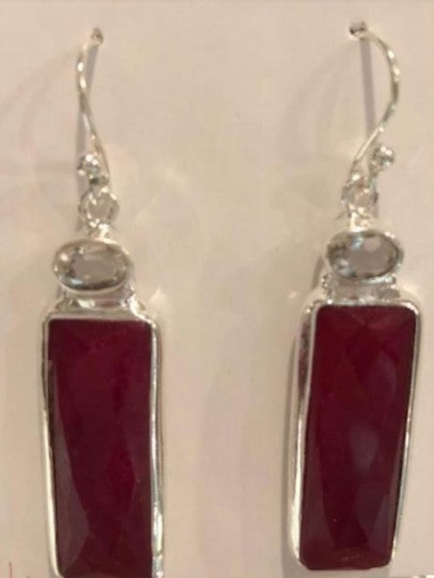 Sterling Silver Ruby Rectangle with White Topaz Earrings