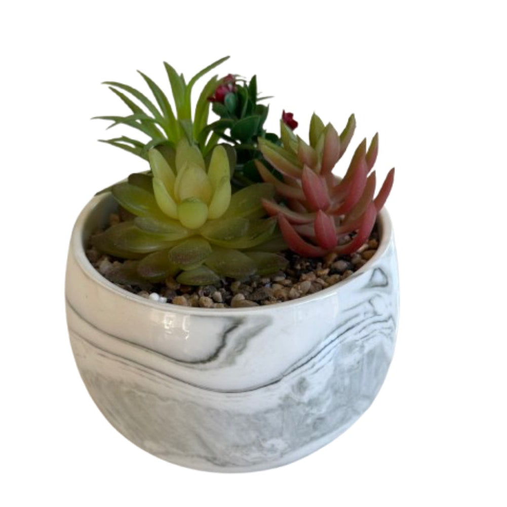 Faux Succulent Mix in White Marbled Ceramic Pot