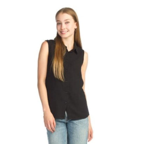 Guaze Cotton Sleeveless Collared Top - Black