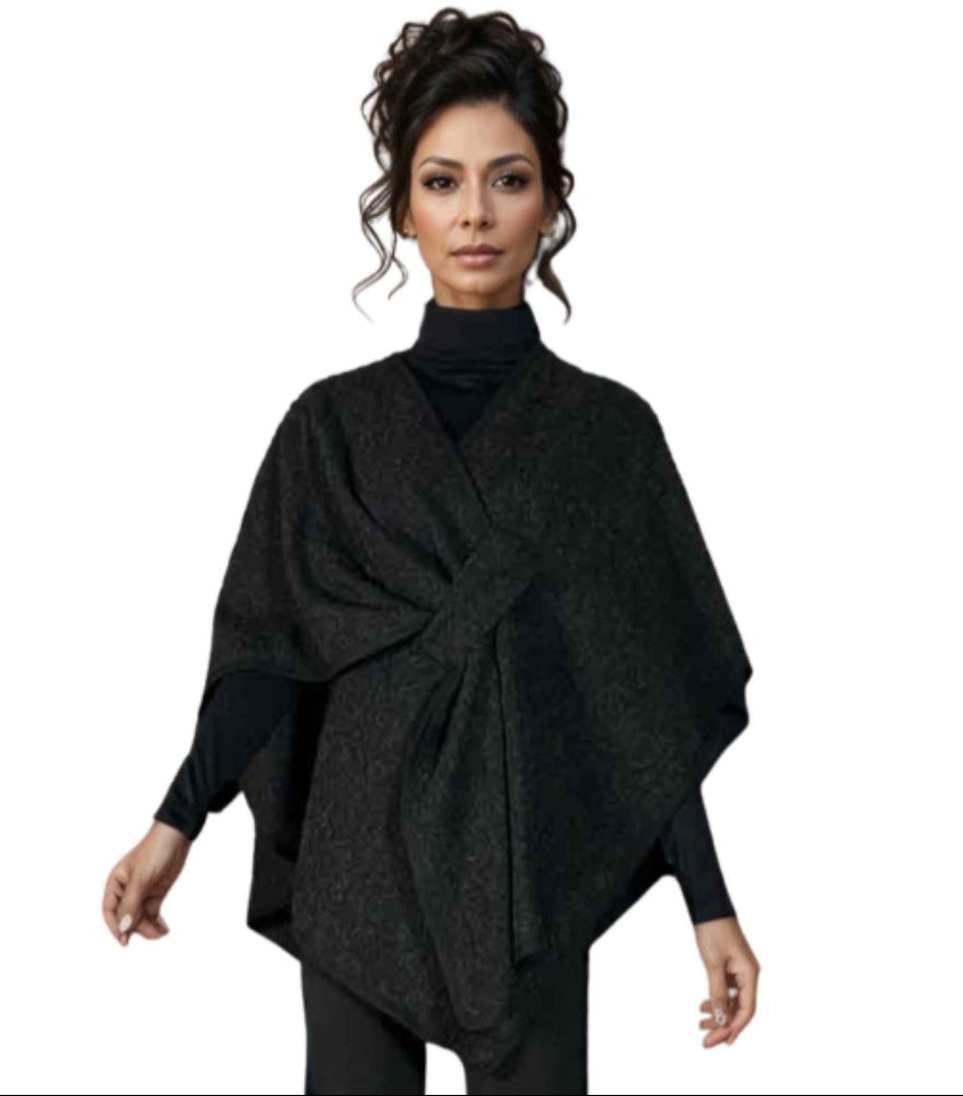 Wool Feel Cape with Faux Fur Detachable Collar - One Size