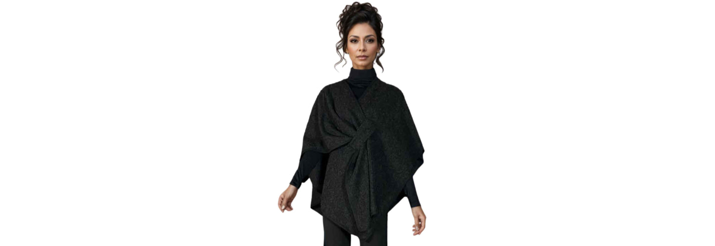 Wool Feel Cape with Faux Fur Detachable Collar - One Size