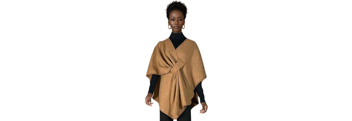 Wool Feel Cape with Faux Fur Detachable Collar - One Size