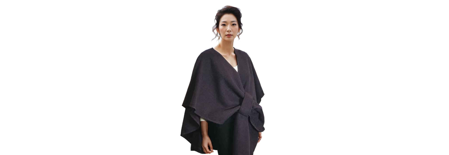Wool Feel Cape with Faux Fur Detachable Collar - One Size