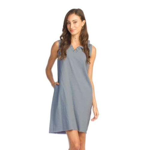 Tank Dress with Ruffle V-Neck & Raw Edge Hem - Powder Blue