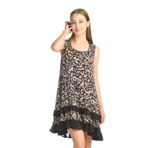 Black Background Ditsy Pink Floral Ruffles Dress
