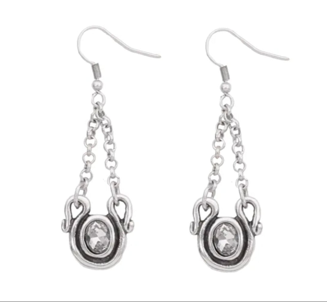 Handmade Pewter Earrings Drop Chain with Crystal