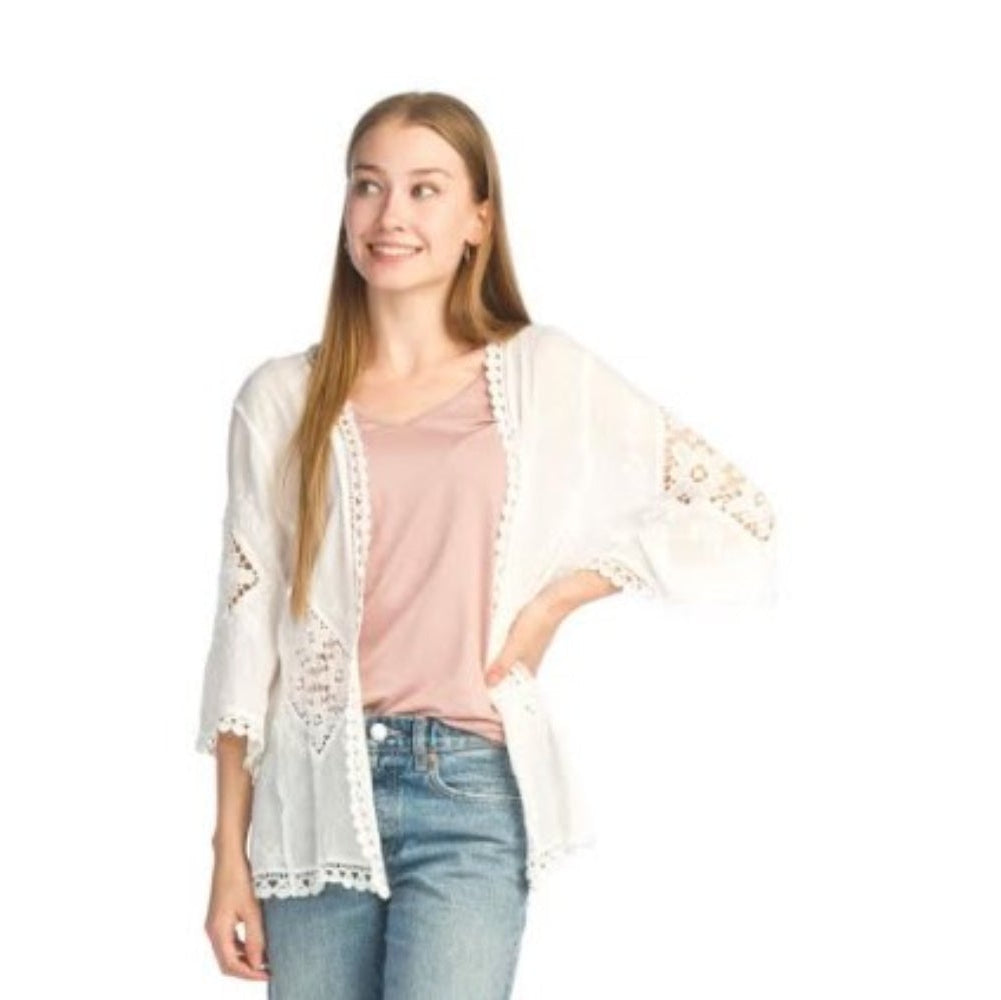 Embroidered Crochet Open Cardigan - White