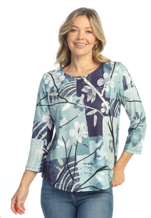 Soft Round Hem 3/4 Sleeve Tunic Top - Multi Blues