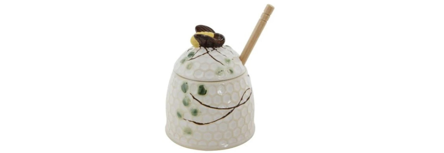 Stoneware Honey Jar with Lid & Wood Honey Dipper