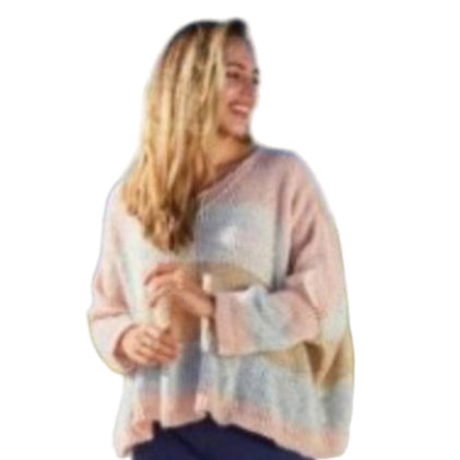 Lula Fine Knit V-Neck Blush Striped Sweater - One Size