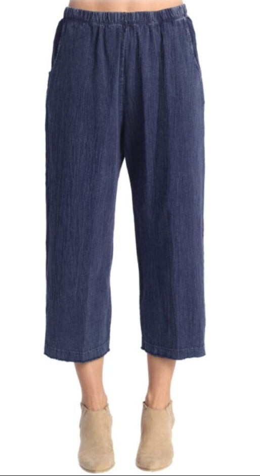 Crinkle Cotton Cropped Pants - Denim Blue