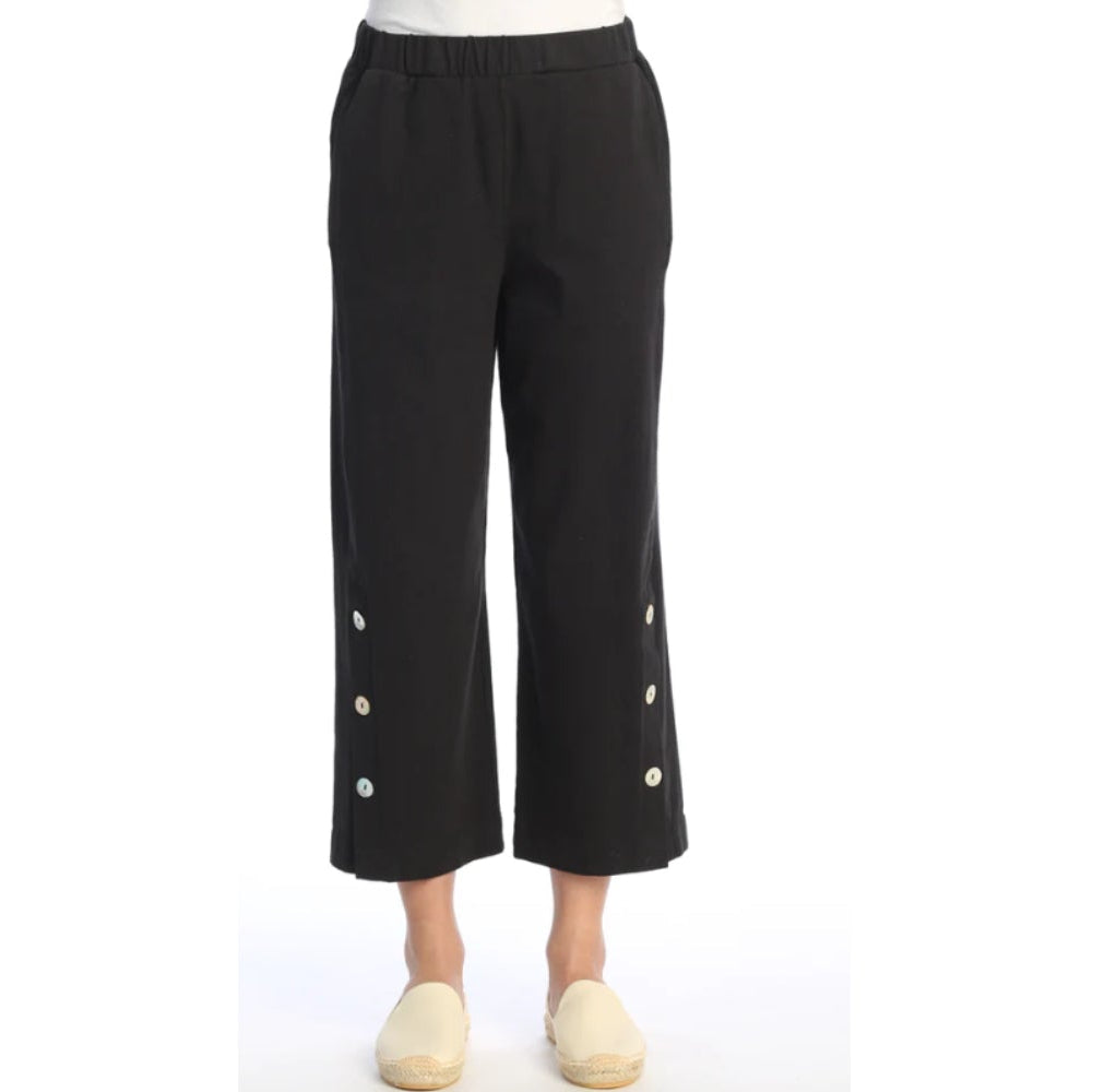 Cropped Pants With Side Seam & Buttons Detail - Jet Black
