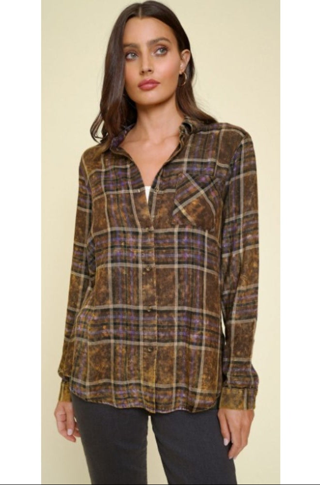 Washed Plaid Button Down Top - Brown