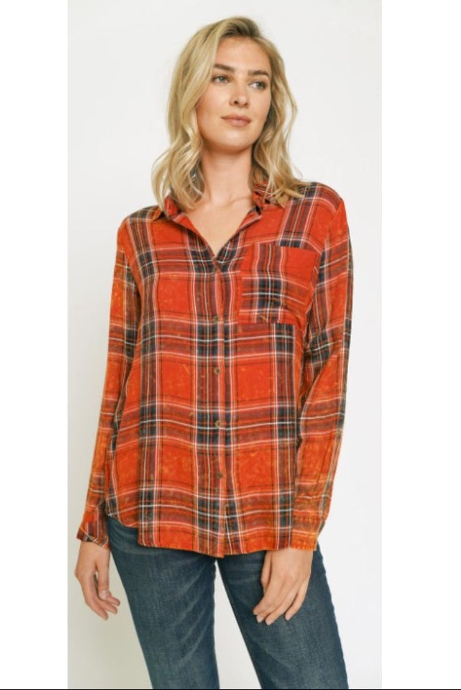 Acid Wash Plaid Shirt Chili Small