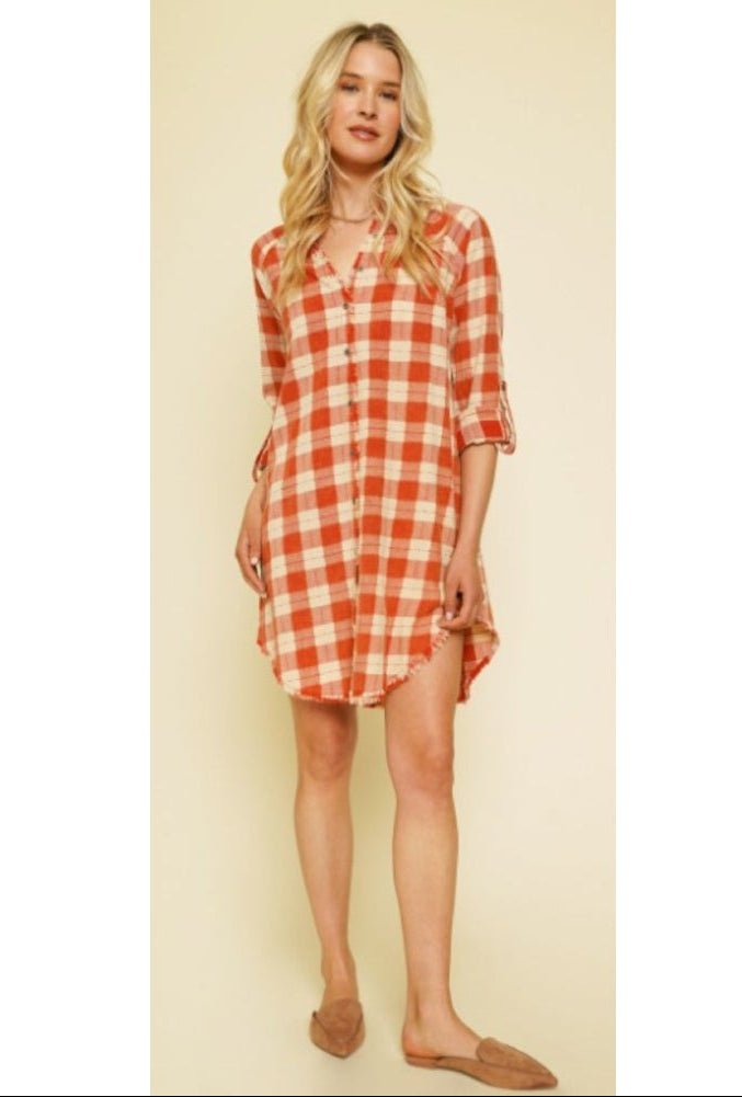 Plaid Shirt Dress Fray Bottom Hem Chili